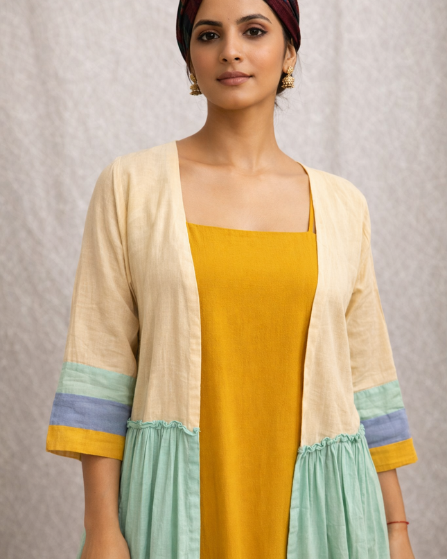 Mustard Cotton Dress with Color Block Tiered Shrug – 2 Piece Layered Outfit