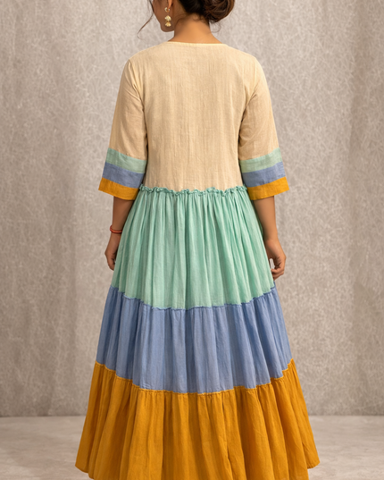 Mustard Cotton Dress with Color Block Tiered Shrug – 2 Piece Layered Outfit