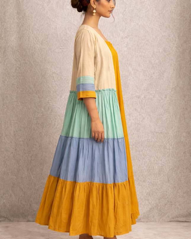 Mustard Cotton Dress with Color Block Tiered Shrug – 2 Piece Layered Outfit