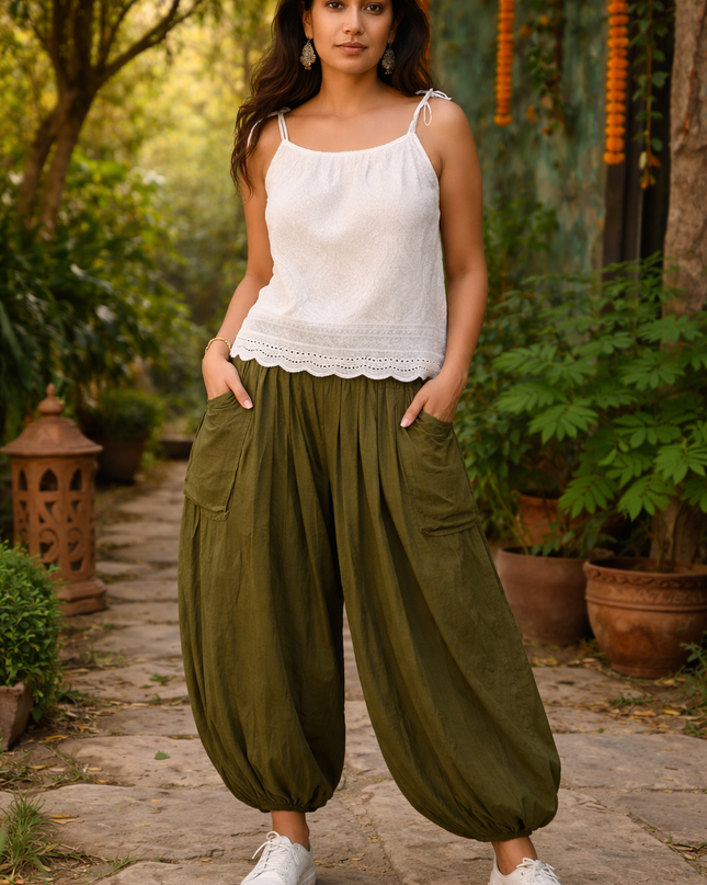 Nomad Balloon Pants & Embroidered Top Combo Set -Green and White