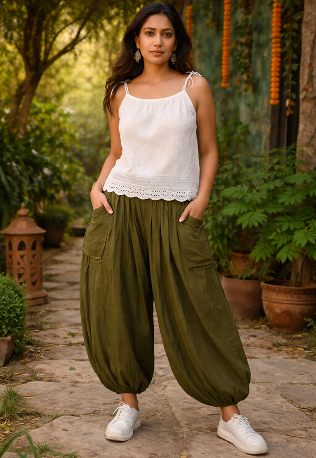 Nomad Balloon Pants & Embroidered Top Combo Set -Green and White