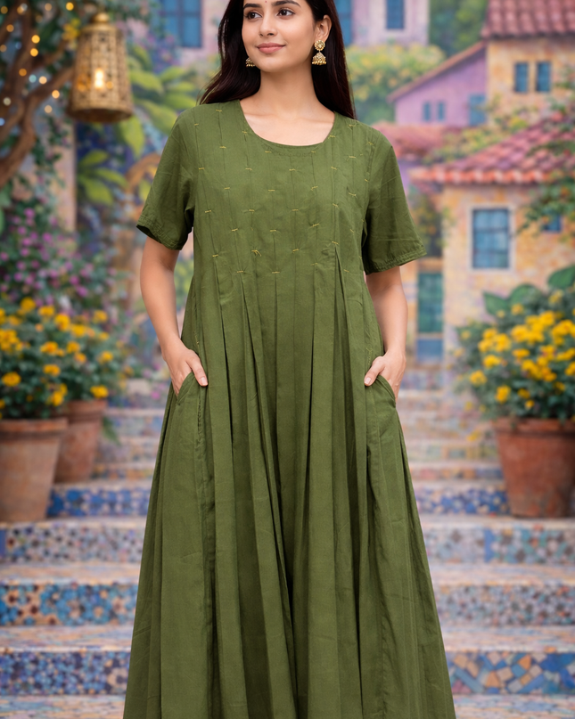 Evara Cotton Olive - Golden Thread Dress