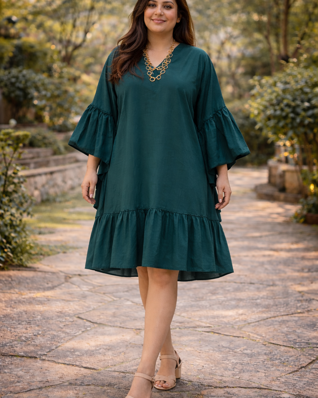 Emerald Breeze Ruffle Kaftan Dress - Vacation wear