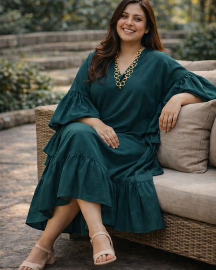 Emerald Breeze Ruffle Kaftan Dress - Vacation wear