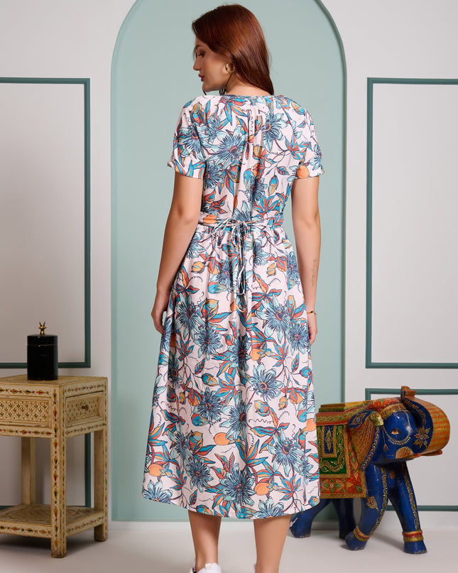 Blue Floral Dress in Cotton Blend fabric
