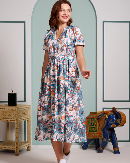 Blue Floral Dress in Cotton Blend fabric