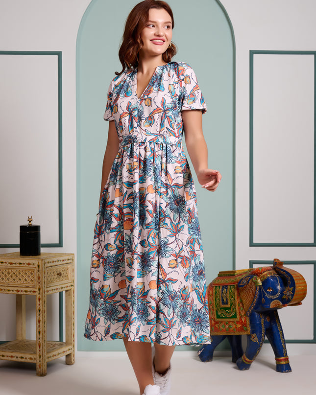 Blue Floral Dress in Cotton Blend fabric