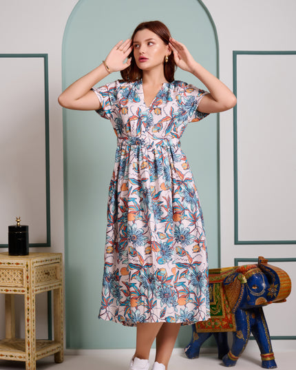 Blue Floral Dress in Cotton Blend fabric