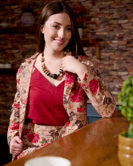 3 Piece Blazer Set Brown Floral