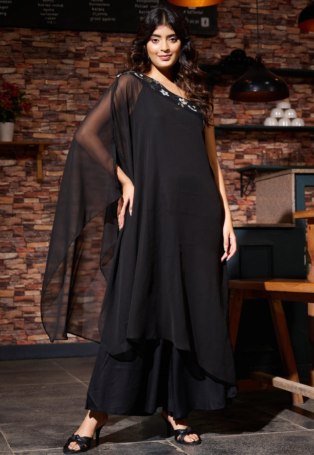 One Shoulder Black Festive Wear 3 piece Coord Set