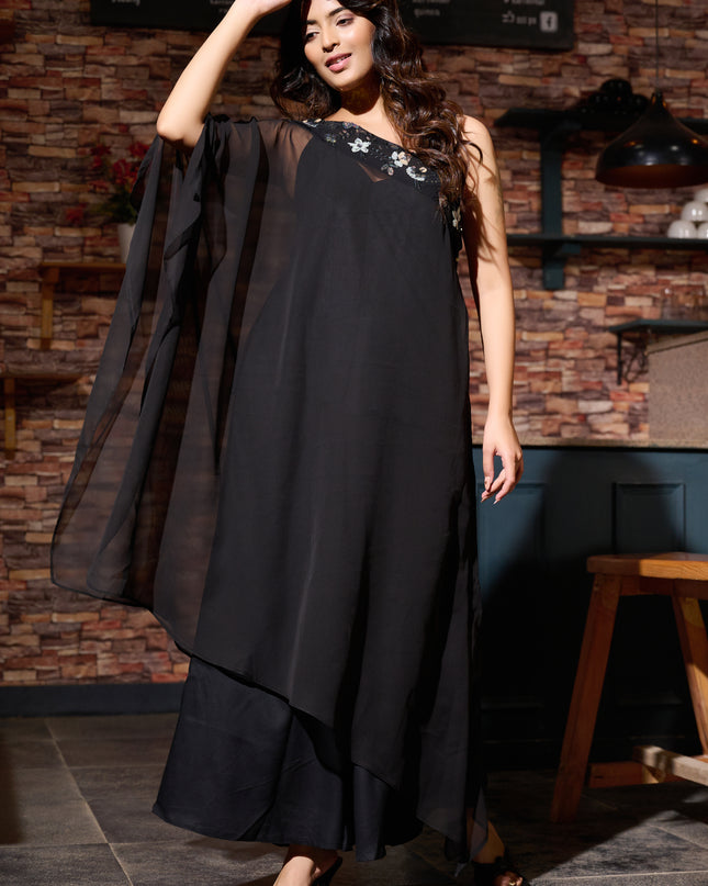 One Shoulder Black Festive Wear 3 piece Coord Set