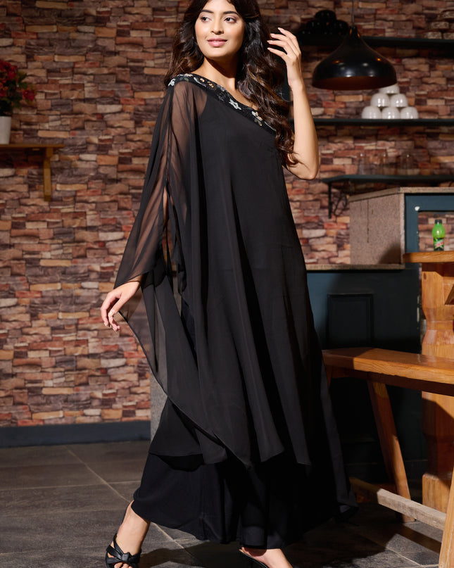 One Shoulder Black Festive Wear 3 piece Coord Set