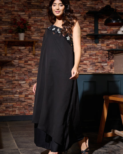 One Shoulder Black Festive Wear 3 piece Coord Set