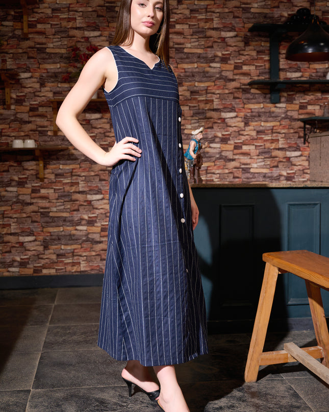 Straight Dress in Cotton Handloom Kantha Blue fabric