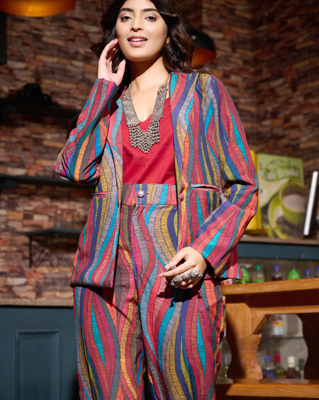 3 Piece Blazer Set multi colored abstract print cotton fabric