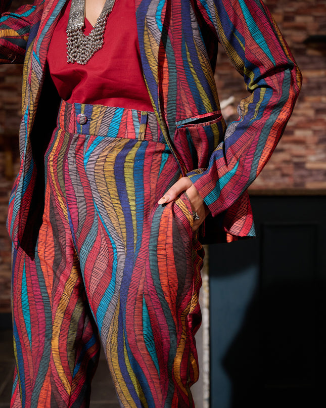 3 Piece Blazer Set multi colored abstract print cotton fabric