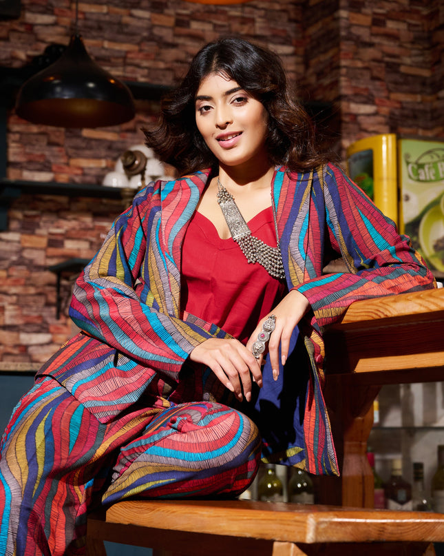 3 Piece Blazer Set multi colored abstract print cotton fabric