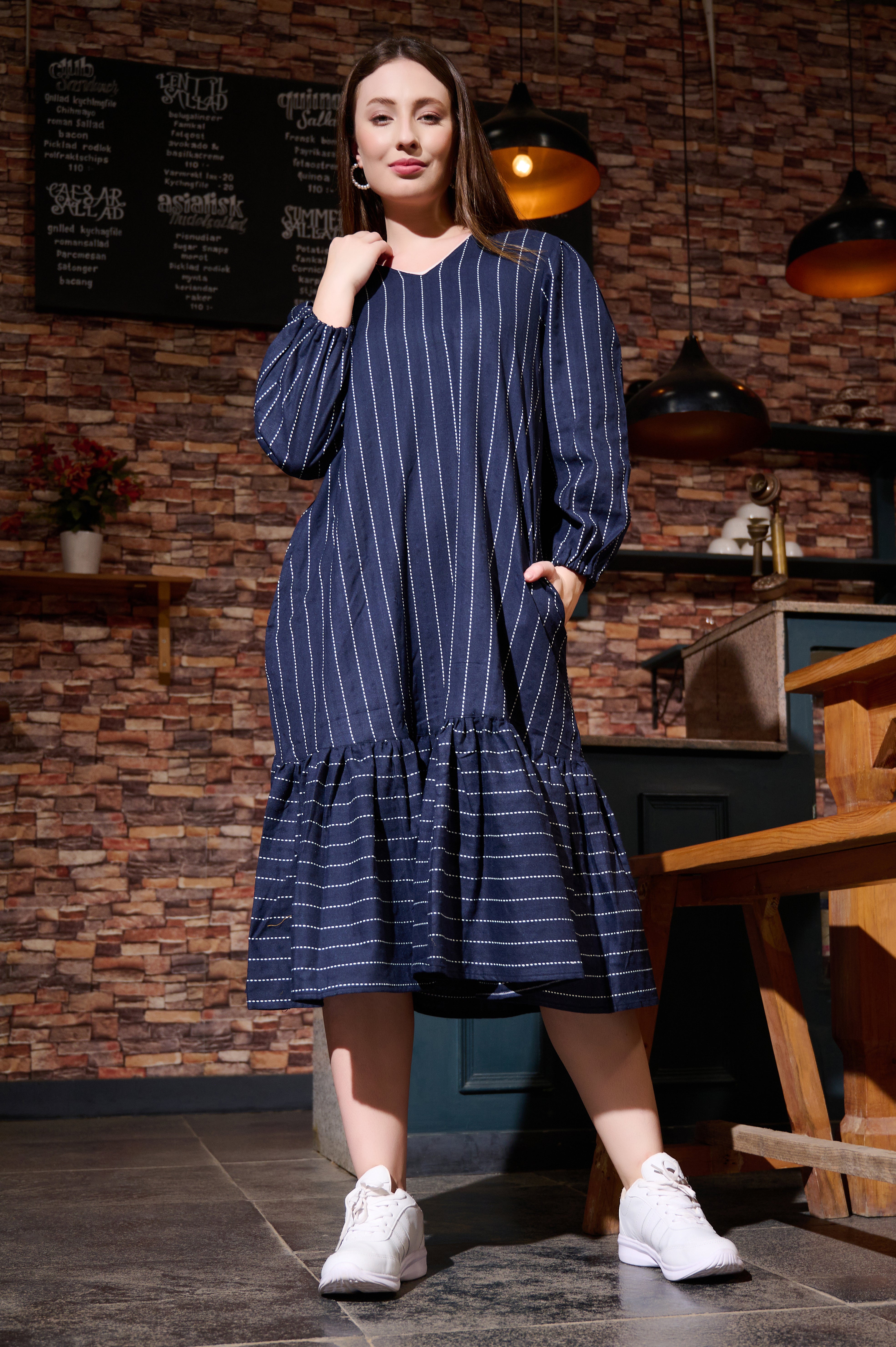 Frill Dress in Cotton Handloom Kantha Blue fabric
