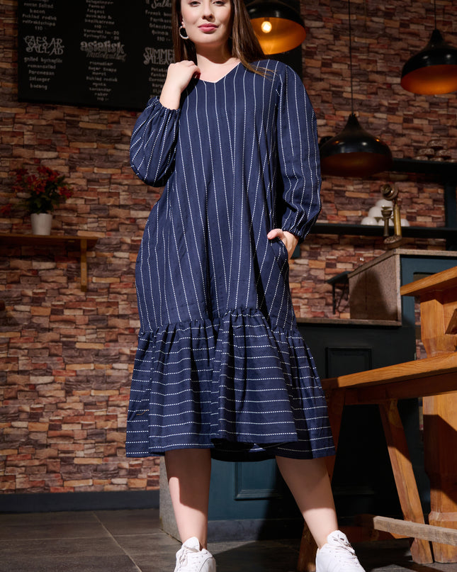Frill Dress in Cotton Handloom Kantha Blue fabric