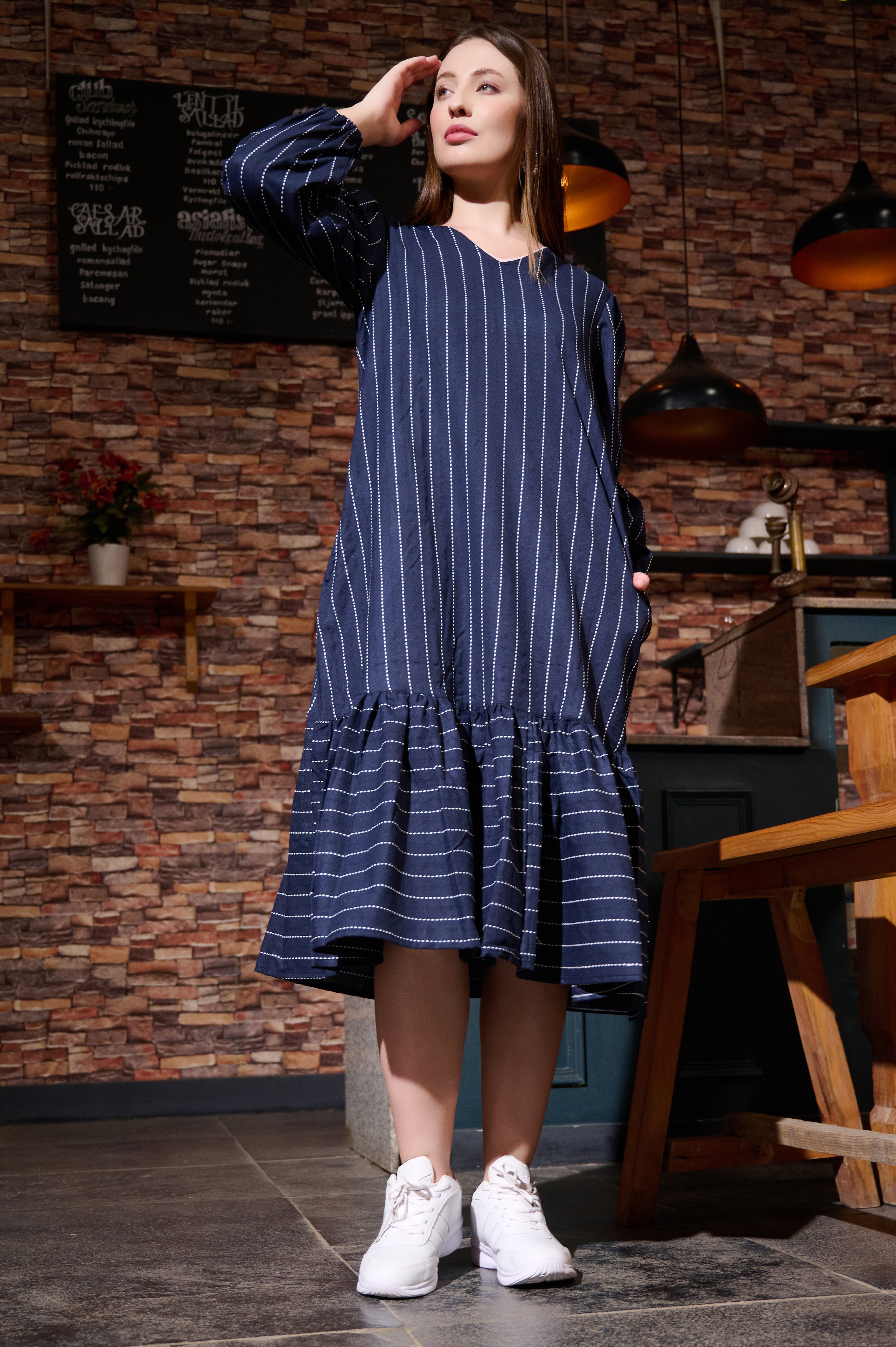 Frill Dress in Cotton Handloom Kantha Blue fabric