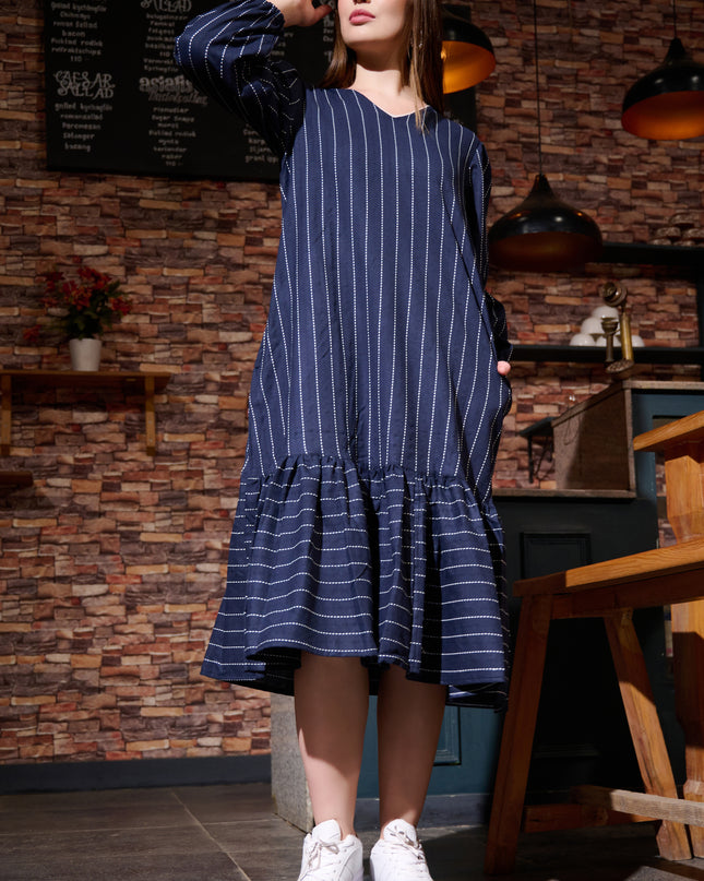 Frill Dress in Cotton Handloom Kantha Blue fabric