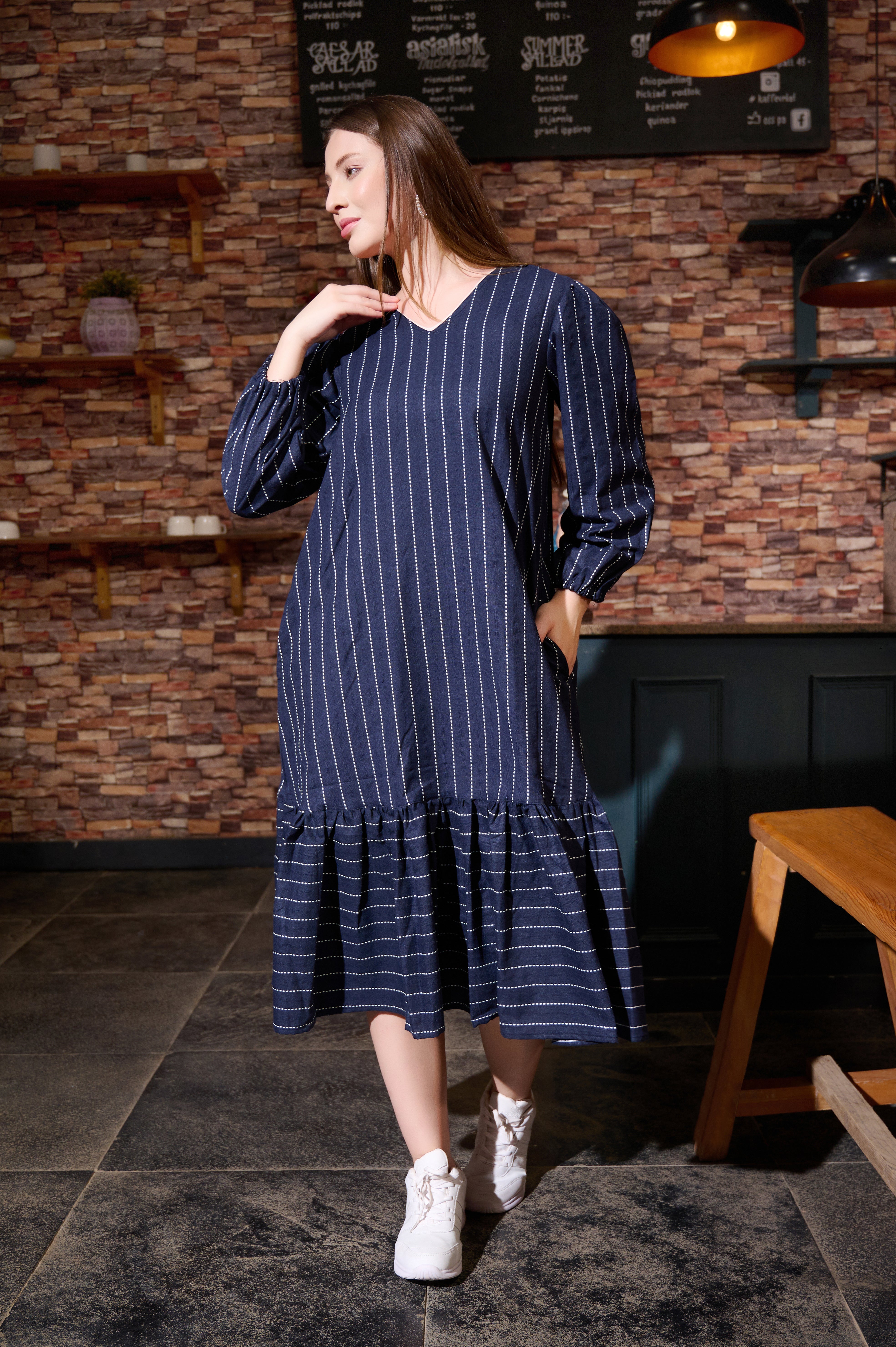 Frill Dress in Cotton Handloom Kantha Blue fabric