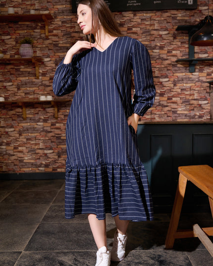 Frill Dress in Cotton Handloom Kantha Blue fabric