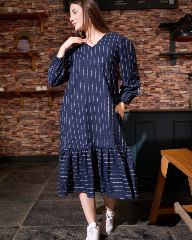 Frill Dress in Cotton Handloom Kantha Blue fabric