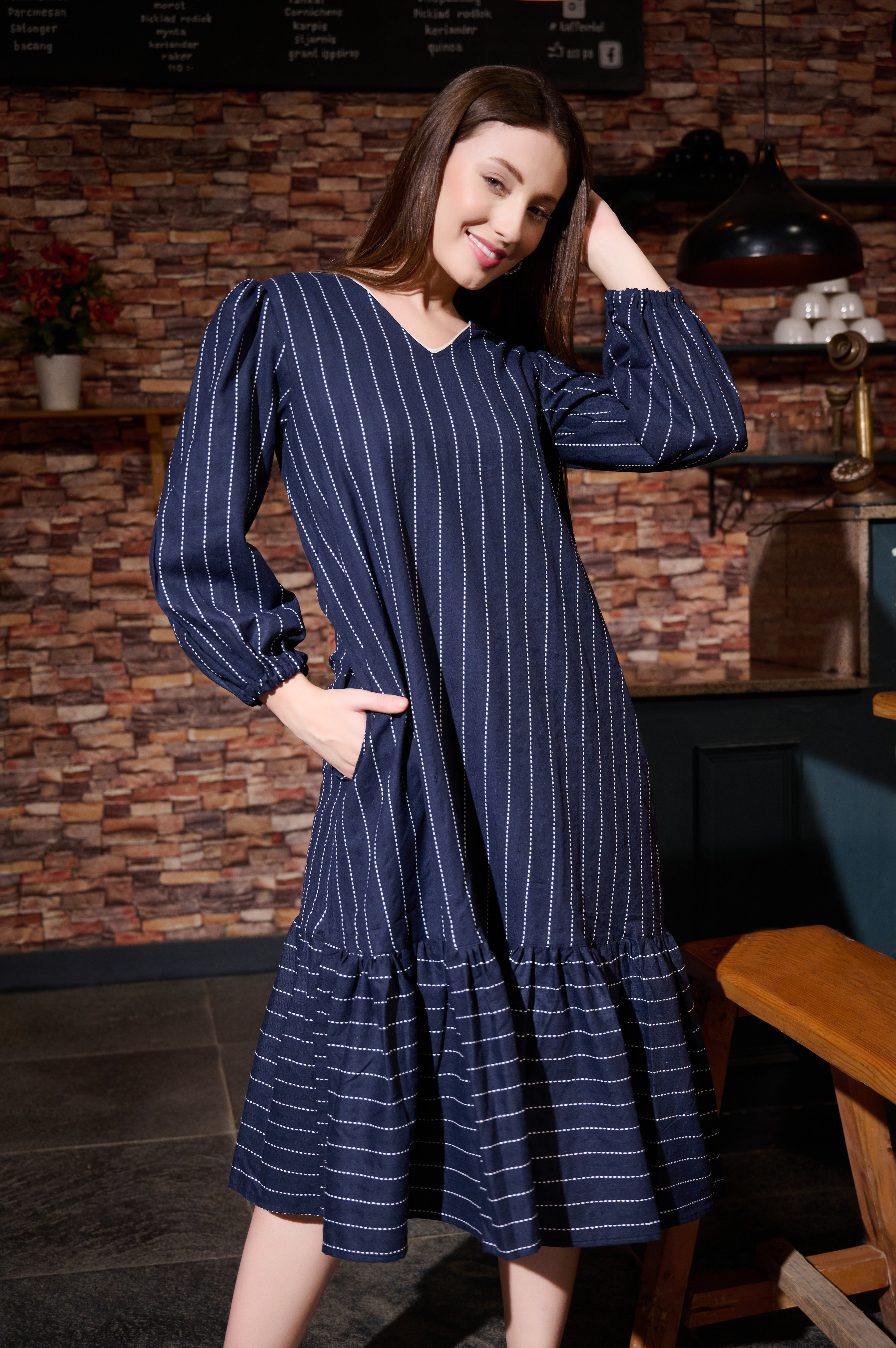 Frill Dress in Cotton Handloom Kantha Blue fabric