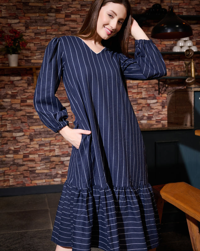 Frill Dress in Cotton Handloom Kantha Blue fabric