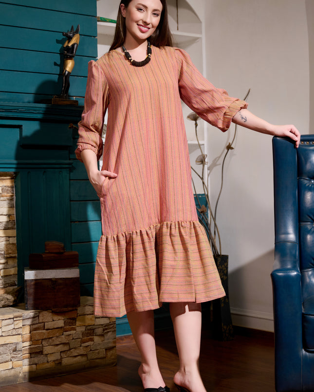 Frill Dress in Cotton Handloom Kantha Brown fabric