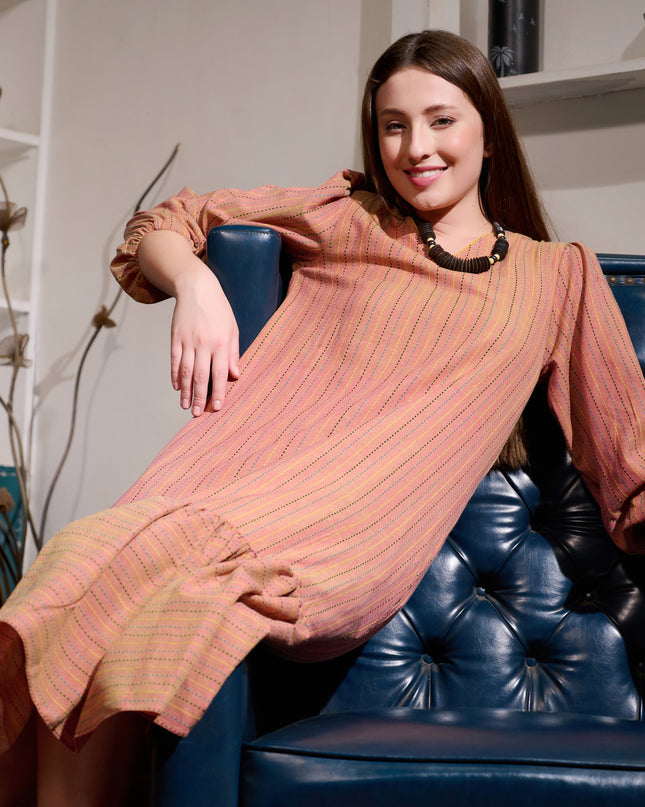 Frill Dress in Cotton Handloom Kantha Brown fabric