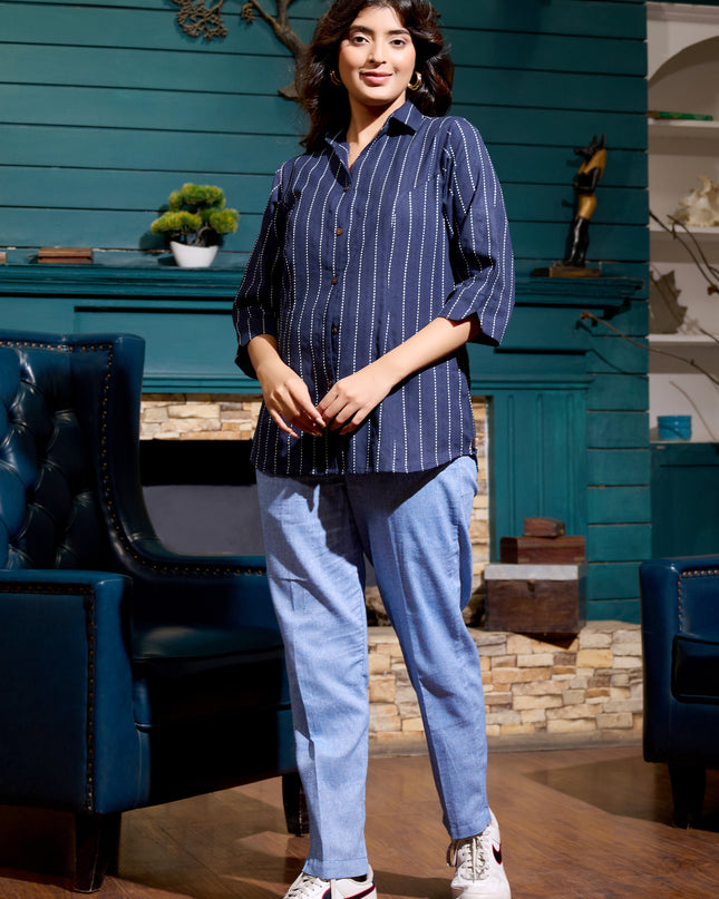 Solid Shirt Collection – Navy Blue Cotton Handloom Kantha Fabric