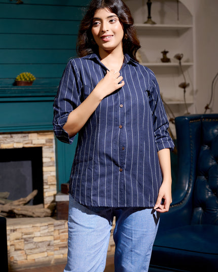 Solid Shirt Collection – Navy Blue Cotton Handloom Kantha Fabric