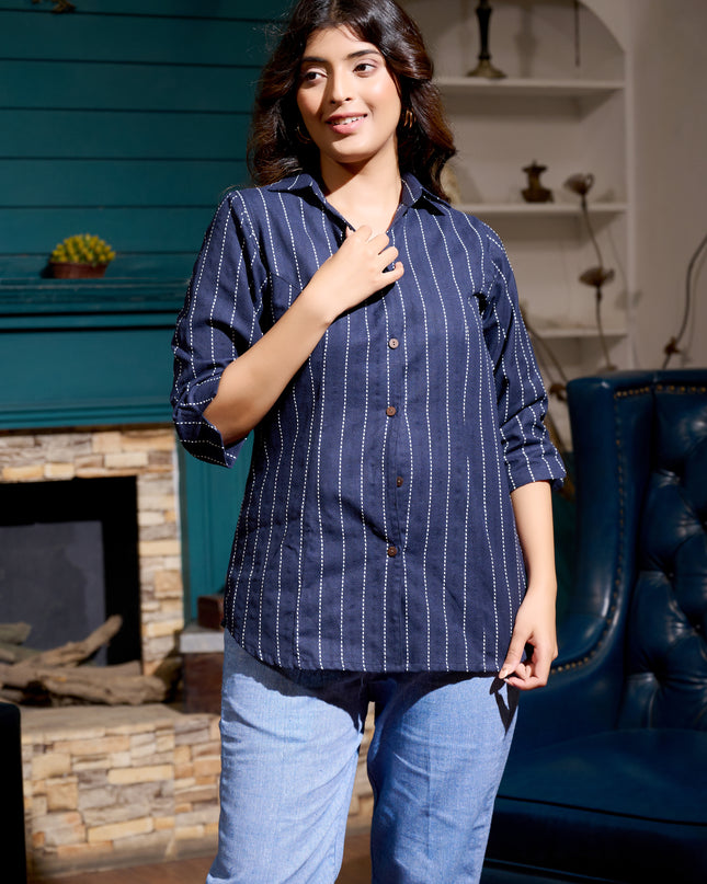 Solid Shirt Collection – Navy Blue Cotton Handloom Kantha Fabric