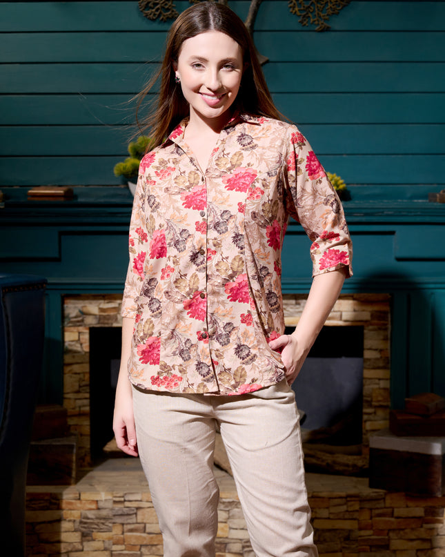 Printed Shirt Collection – Brown Floral Cotton Blend Fabric