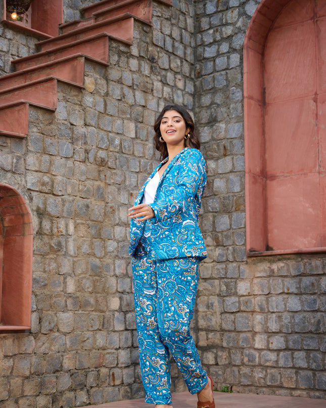 3 Piece Blazer Set Blue printed cotton fabric