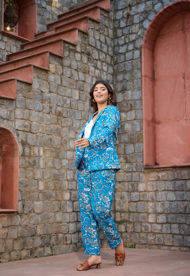 3 Piece Blazer Set Blue printed cotton fabric
