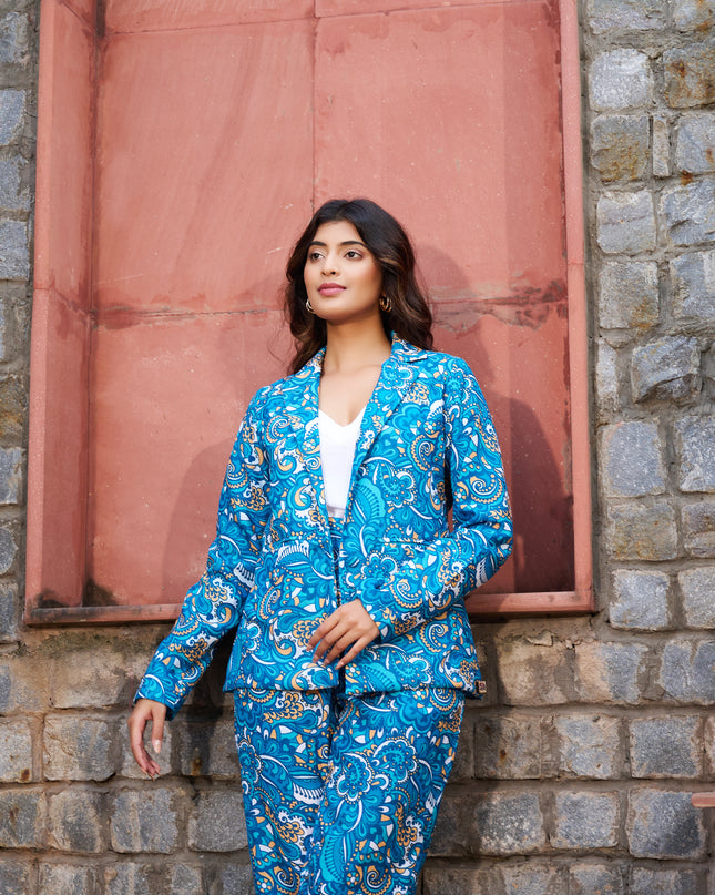3 Piece Blazer Set Blue printed cotton fabric