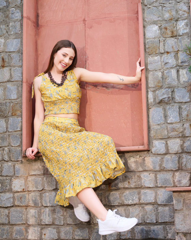 Elasticated Skirt and Top in Cotton Blend Mustard fabric