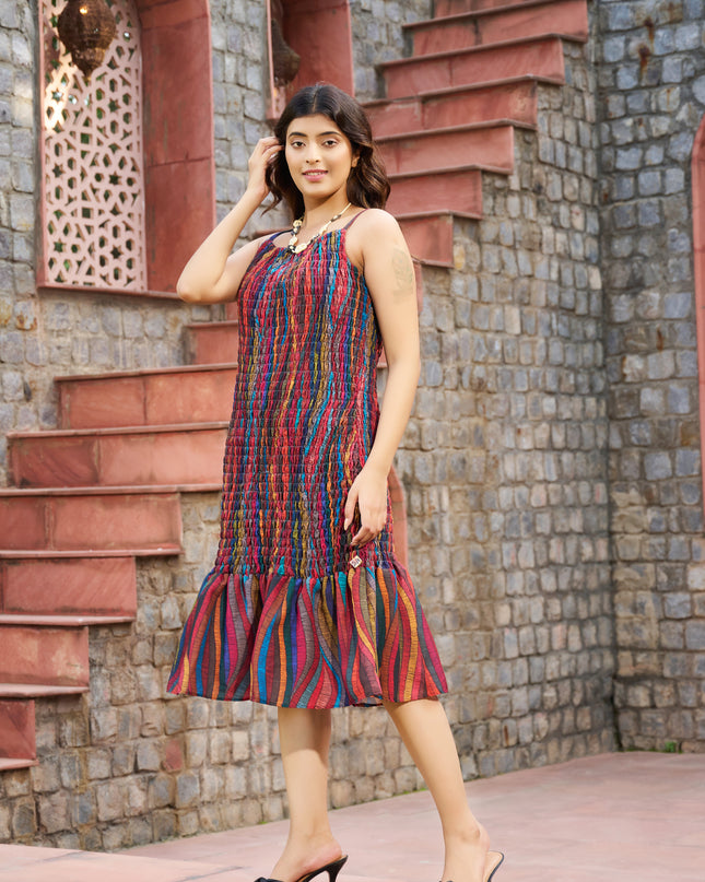 Elasticated spaghetti Dress in Cotton multicolored stripes fabric