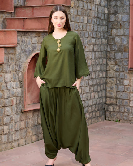 2 piece Tunic Harem Pant cord set Bottle Green Lounge Wear