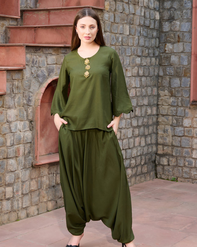 2 piece Tunic Harem Pant cord set Bottle Green Lounge Wear