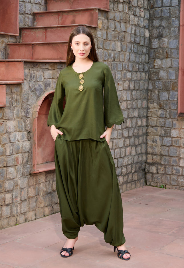 2 piece Tunic Harem Pant cord set Bottle Green Lounge Wear