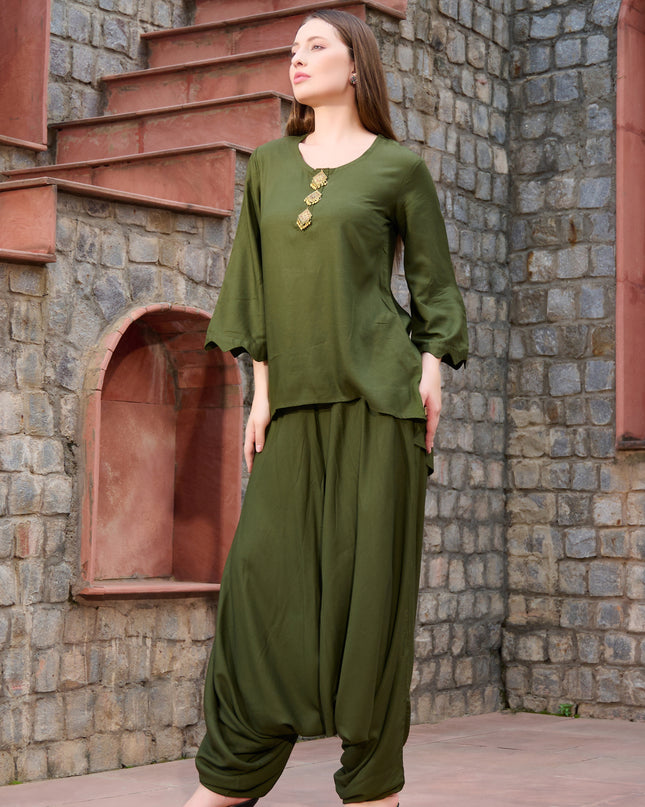 2 piece Tunic Harem Pant cord set Bottle Green Lounge Wear