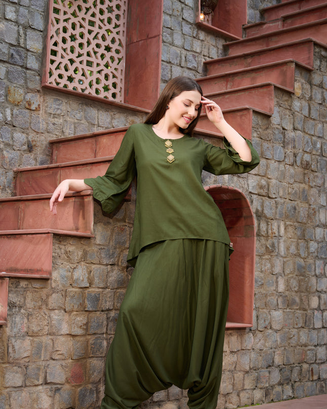 2 piece Tunic Harem Pant cord set Bottle Green Lounge Wear