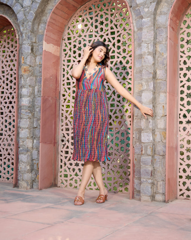 Tie top dress in Cotton Blend multicolored elasticated fabric