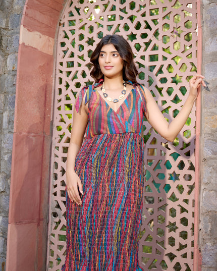 Tie top dress in Cotton Blend multicolored elasticated fabric