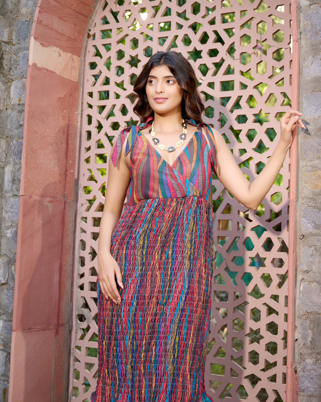 Tie top dress in Cotton Blend multicolored elasticated fabric