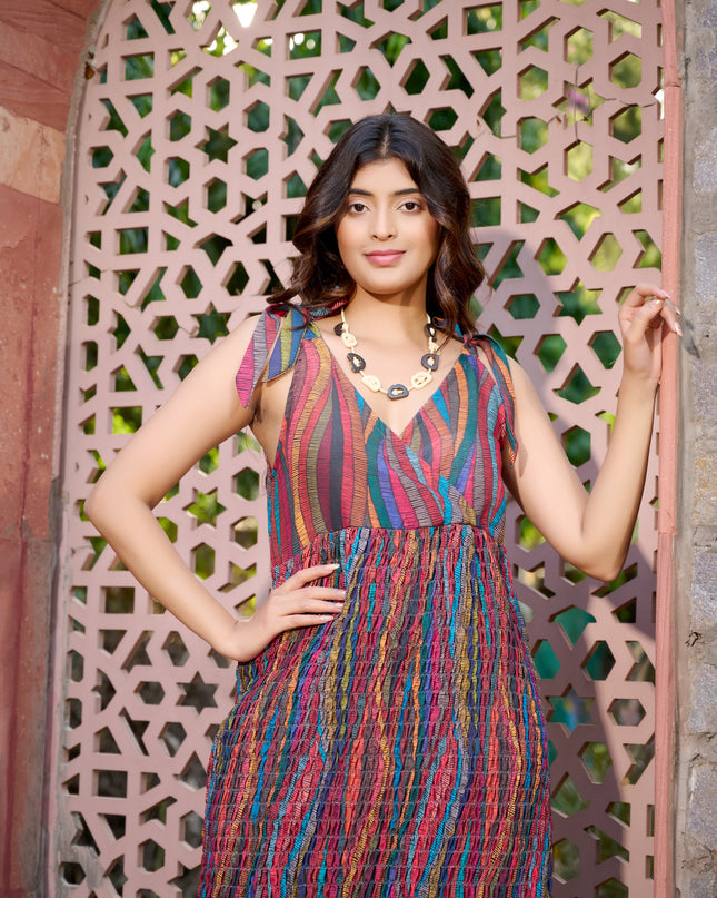 Tie top dress in Cotton Blend multicolored elasticated fabric